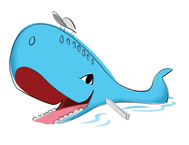 cartoon of the blue whale of catoosa, a roadside oddity in oklahoma
