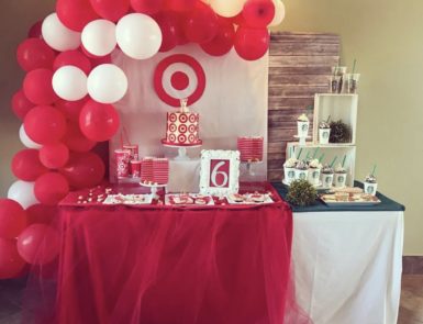 target and starbucks themed birthday, balloons, cakes, and decorations