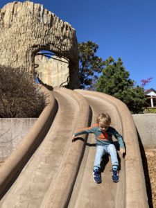 Little boy sliding down a slide
