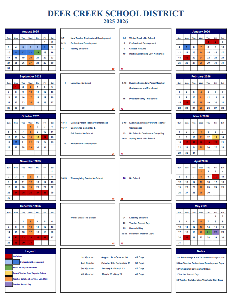 Deer Creek 2025-2026 School Calendar