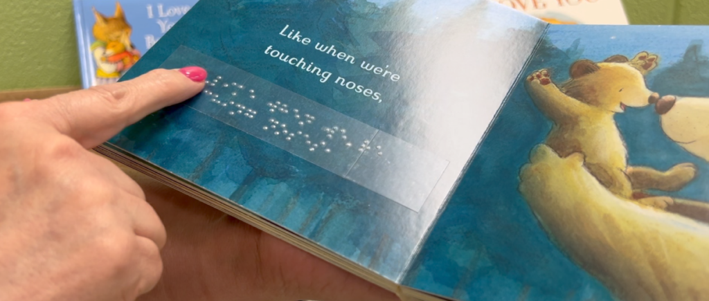 A twin-vision children’s book with print and braille text can be read together by sighted and visually impaired parents and children.