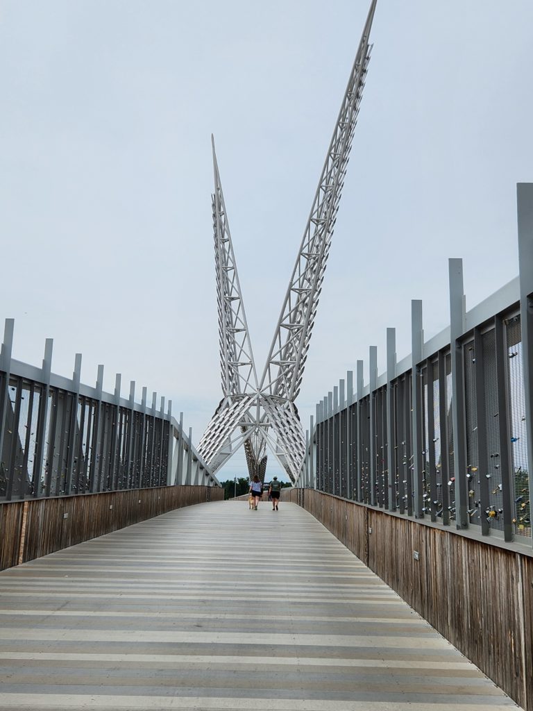 Stop to enjoy the views from Skydance Bridge. 