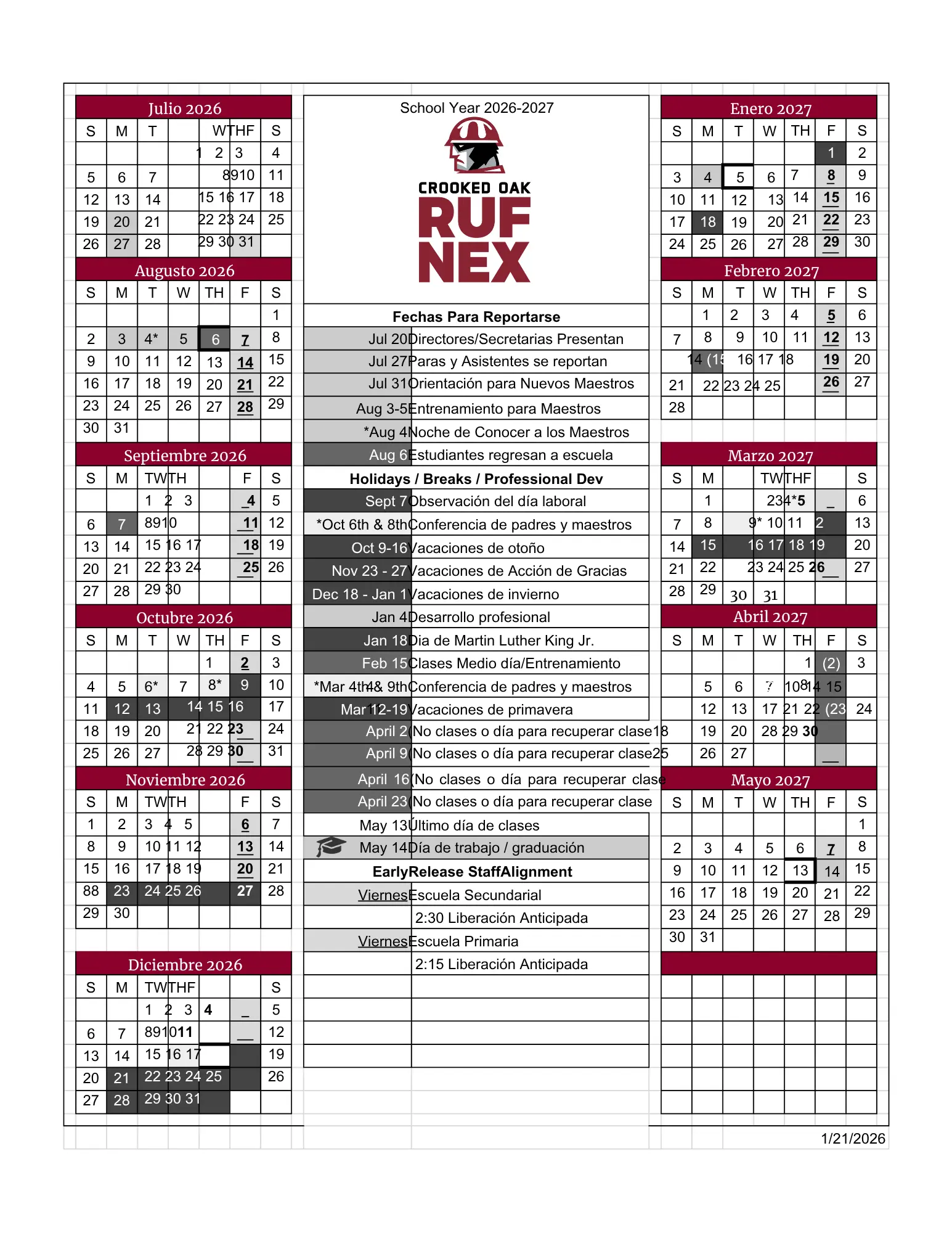 Crooked Oak Public Schools District Calendar