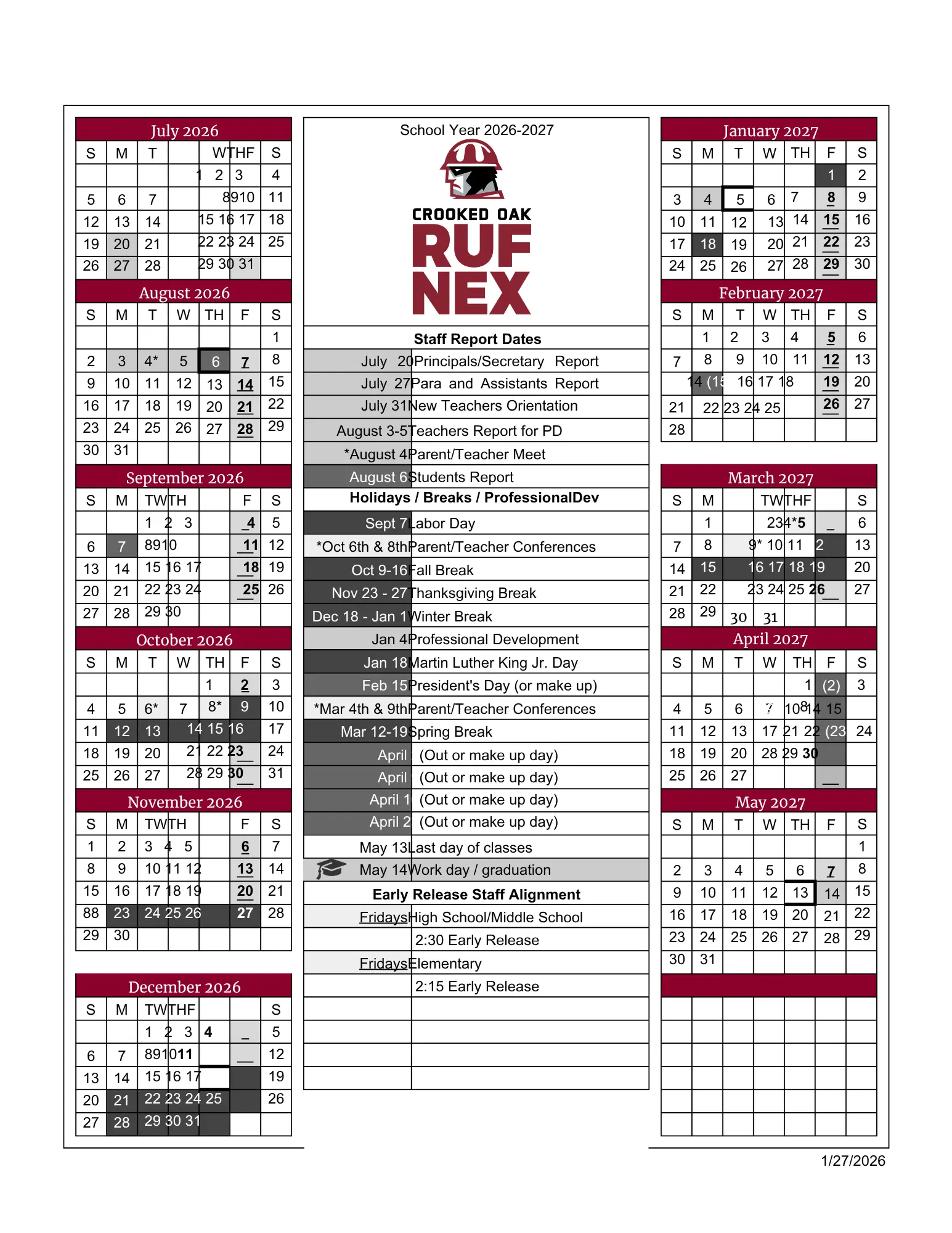 Crooked Oak Public Schools District Calendar 2