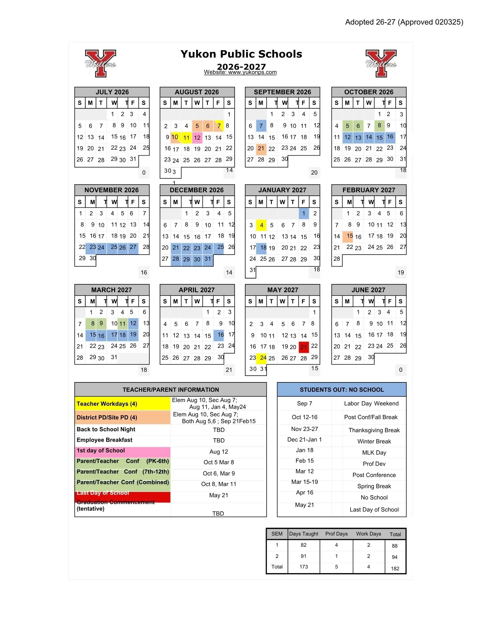 Yukon Public Schools District Calendar
