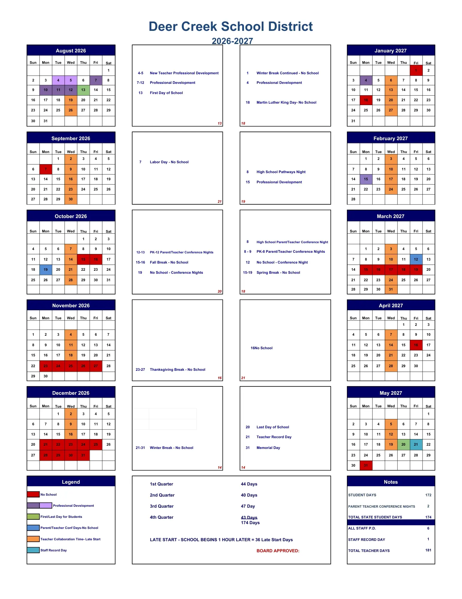 Deer Creek 2025-2026 School Calendar